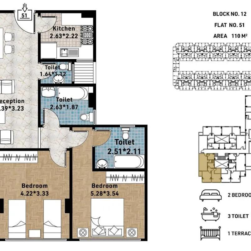 شقة للبيع بمساحة 110 متر و غرفتان في المقطم القاهرة - صورة 3