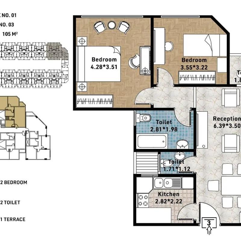 شقة للبيع بمساحة 105 متر و غرفتان في المقطم القاهرة