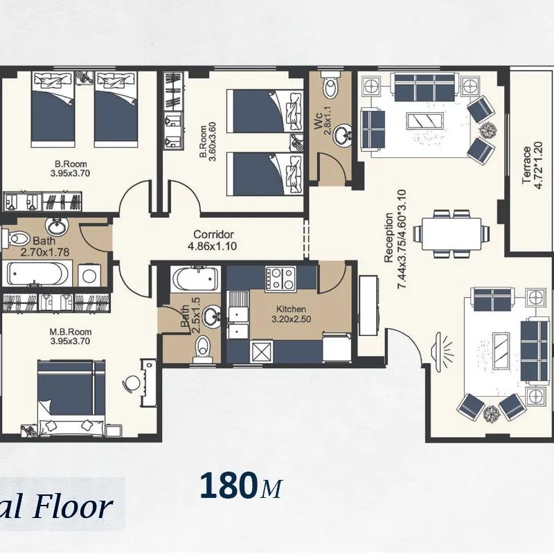 شقة للبيع بمساحة 180 متر و 3 غرف في التجمع الخامس القاهرة