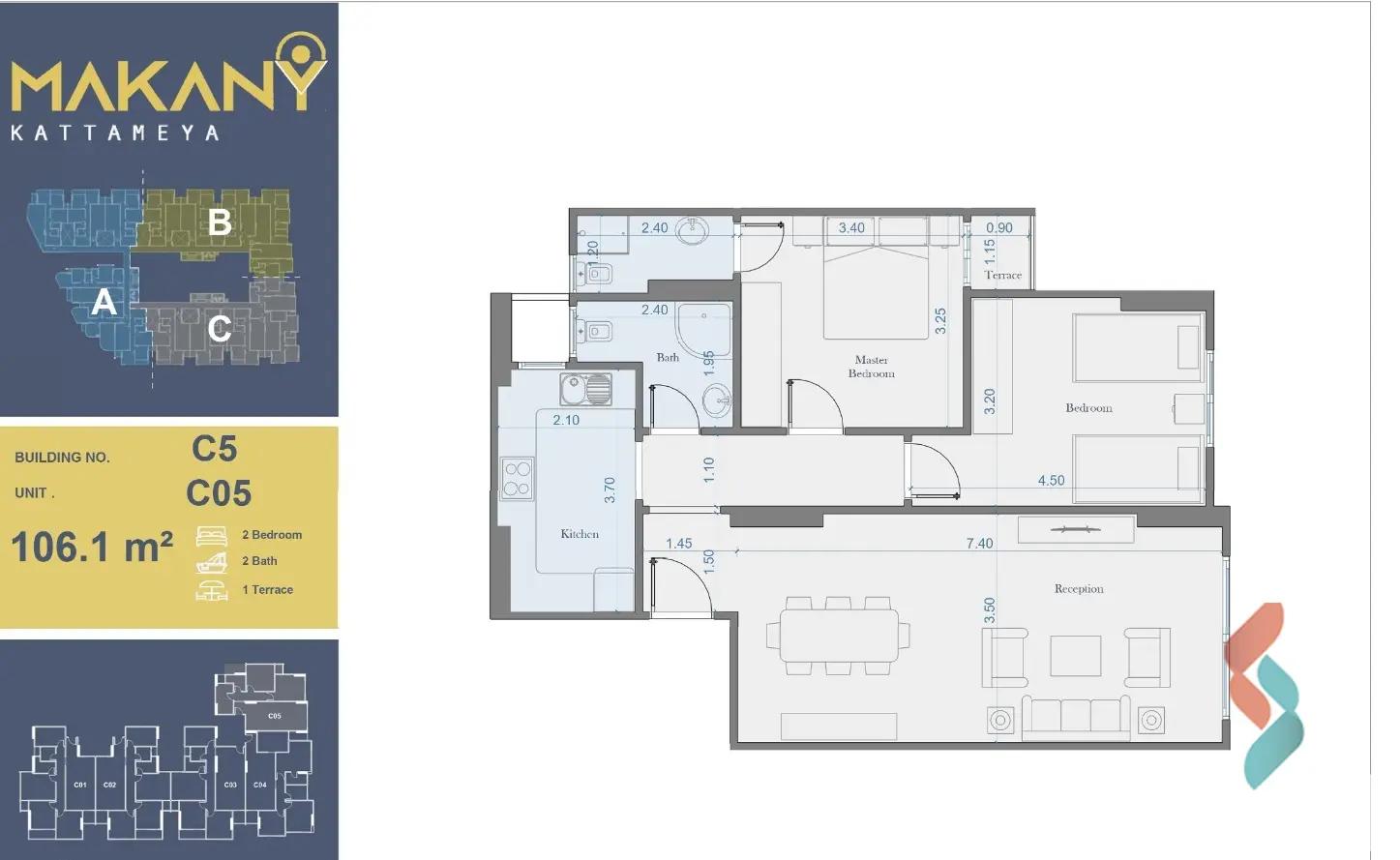 Apartment for sale with an area 106 meters and 2 room in  Katameya Cairo 