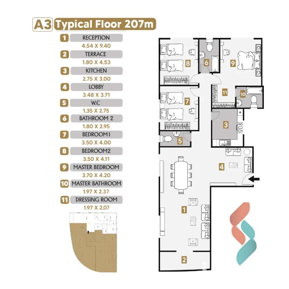 شقة للبيع بمساحة 207 متر و 3 غرف في  التجمع الخامس القاهرة - صورة 3