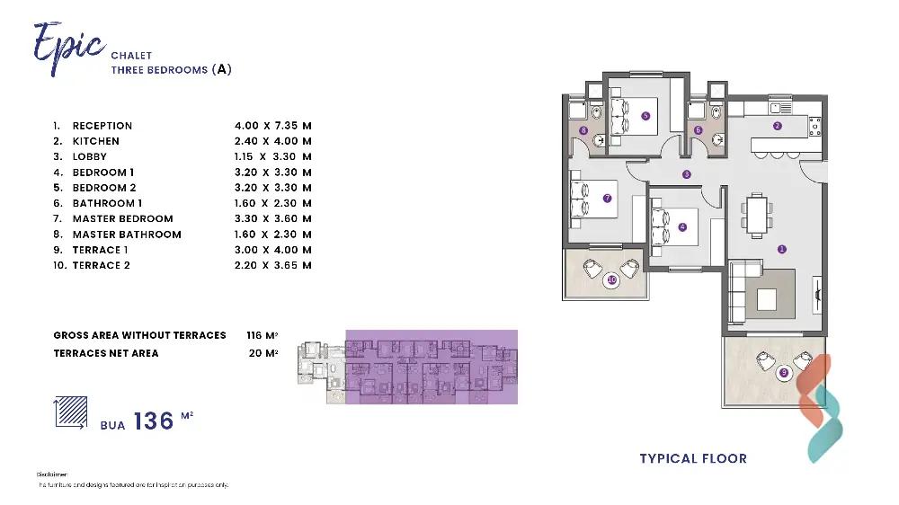 Chalet for sale with an area 136 meters and 3 rooms in  North Coast Alexandria 
