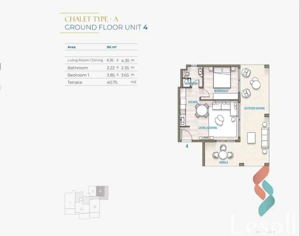 شالية للبيع بمساحة 86 متر و غرفة واحدة في  الساحل الشمالي الاسكندرية