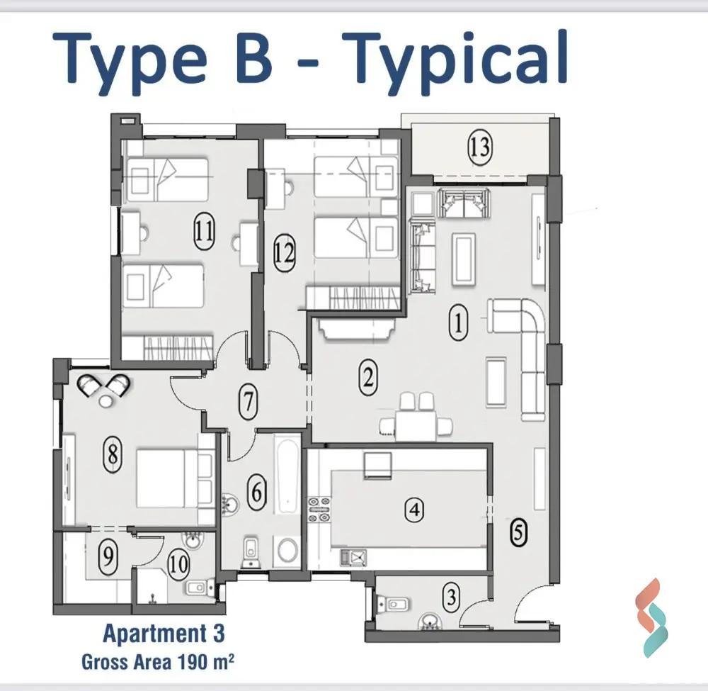 شقة للبيع بمساحة 190 متر و 3 غرف في العاصمة الإدارية القاهرة - صورة 3
