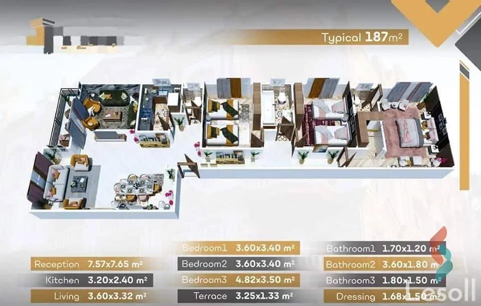 شقة للبيع بمساحة 187 متر و 3 غرف في القاهرة الجديدة القاهرة - صورة 3