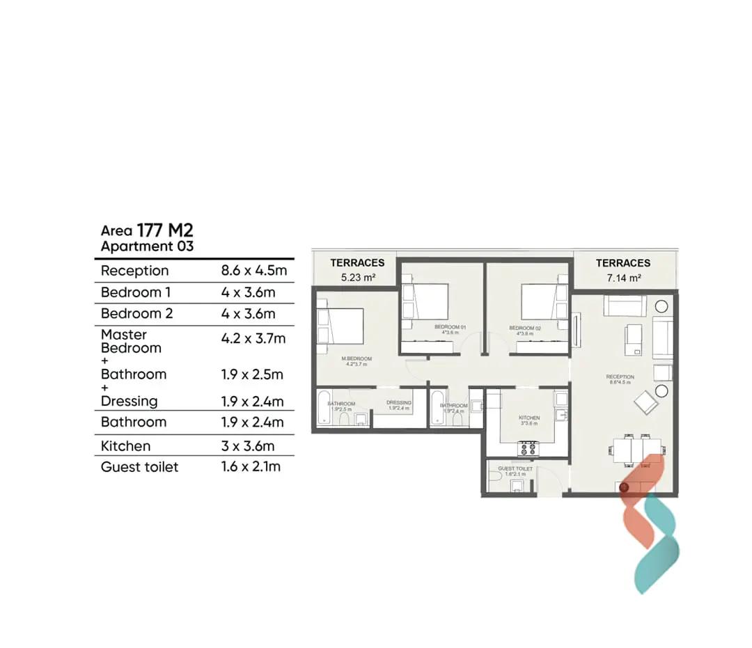 Apartment for sale with an area 177 meters and 3 rooms in Smouha Alexandria