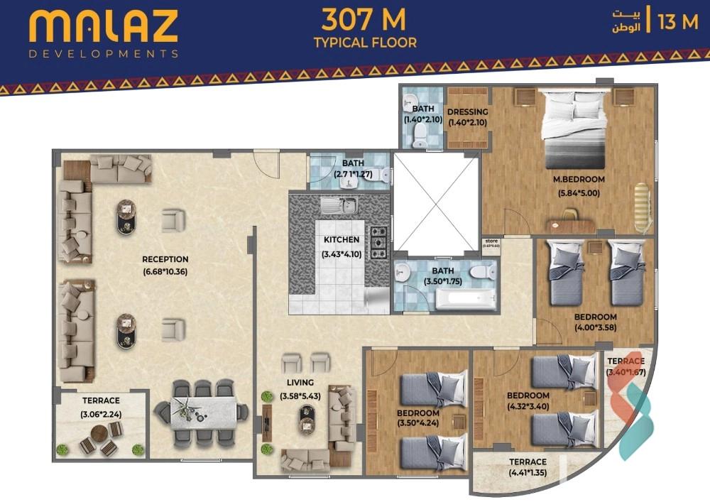 Apartment for sale with an area 238 meters and 4 rooms in 6th Settlement Cairo