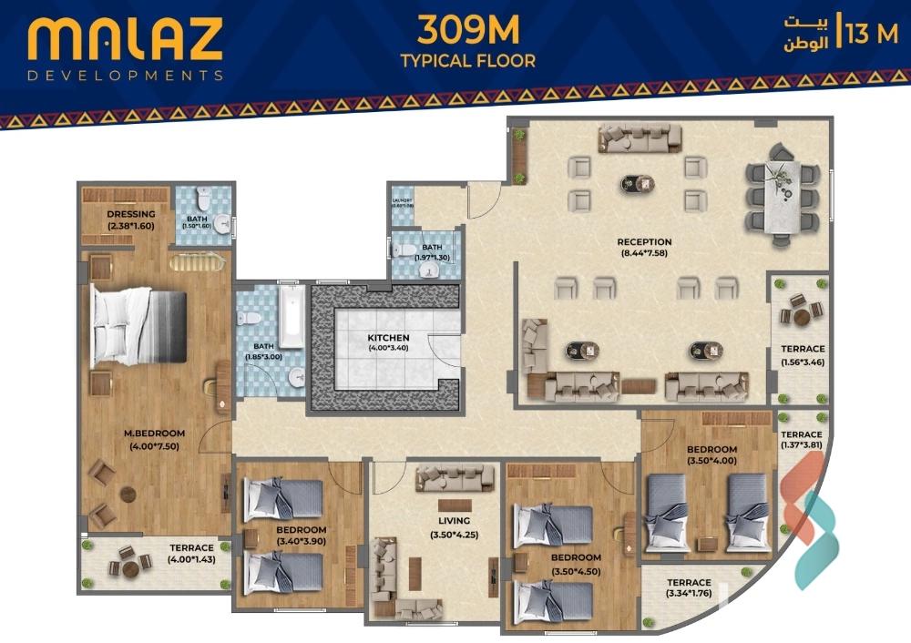 Apartment for sale with an area 238 meters and 4 rooms in 6th Settlement Cairo