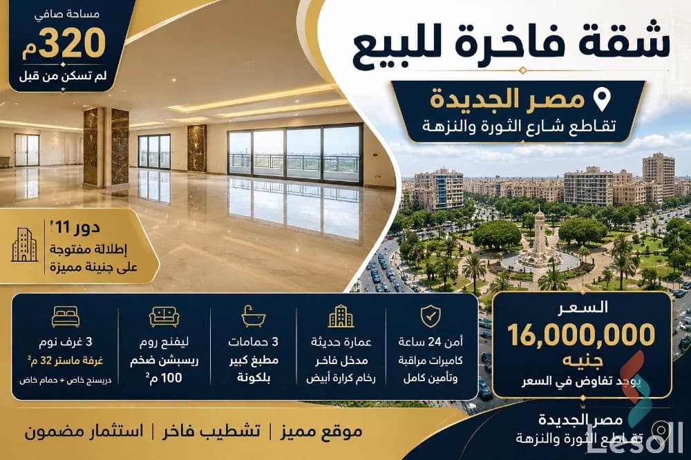 شقة للبيع في مصر الجديدة – تقاطع الثورة والنزهة | 320م لم تسكن من قبل - الصورة الرئيسية