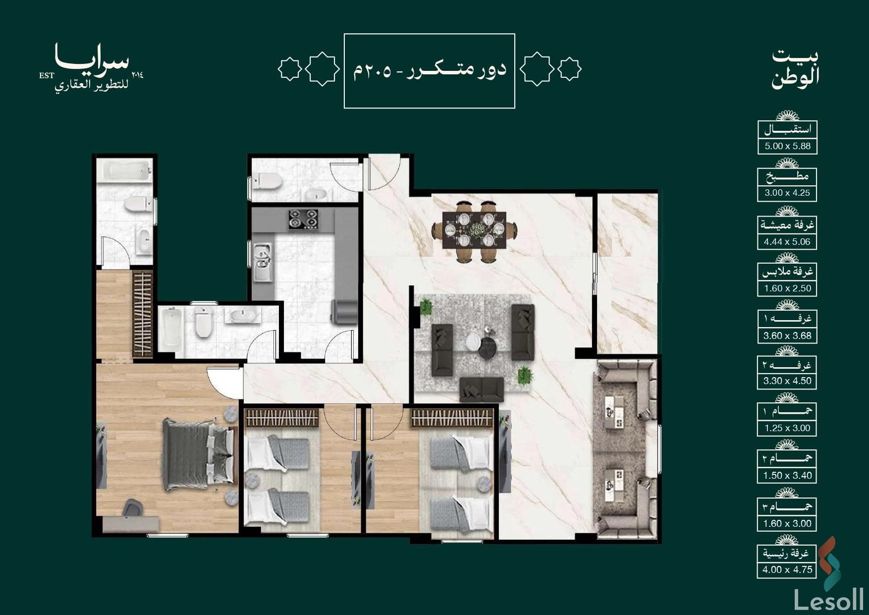 شقة للبيع في بيت الوطن – الحي السادس | 205 م² | تقسيط حتى 72 شهر - كل الصور